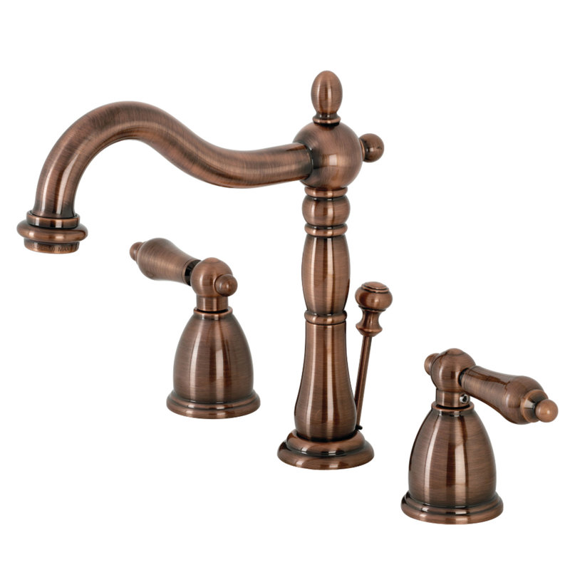 Kingston Brass Heritage Two-Handle 3-Hole Deck Mount Widespread Bathroom Faucet with Brass Pop-Up Drain, Antique Copper