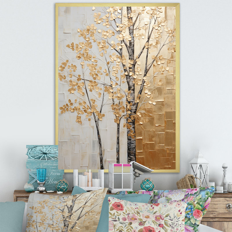 Minimalisme Golden Trees Harmony II - arbres, art mural, H 44 po x l 34 po x P 1,5 po, Cadre doré simple