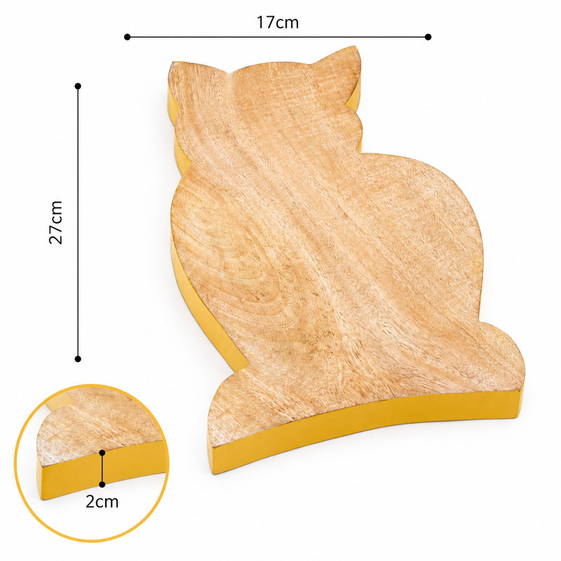 Cat-Shaped Mango Wood Serving Board with Yellow Edge, Wooden Cheese & Charcuterie Board for Kitchen & Entertaining