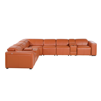 Top Grain Italian Leather 8-Piece L-Shaped Modular Power Reclining Sectional With 4 Power Recliners & Power Headrests
