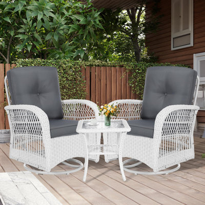 Timmithy Winston Porter 3 Pieces Outdoor Wicker Swivel Rocker Patio Set, Rocking Chairs Rattan Patio Furniture Sets With Thickened Cushion And Glass-Top Coffee Table, Conversation Bistro Set, White Wicker
