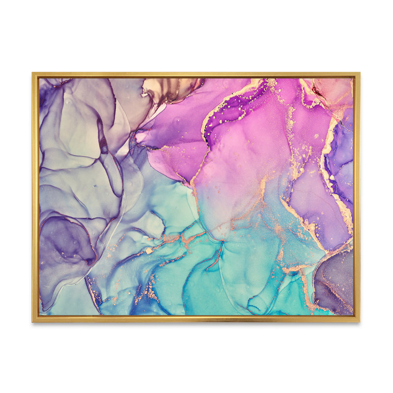 «Mauve et bleu», art liquide - reproduction sur toile, H 12 po x l 20 po, Cadre flottant doré