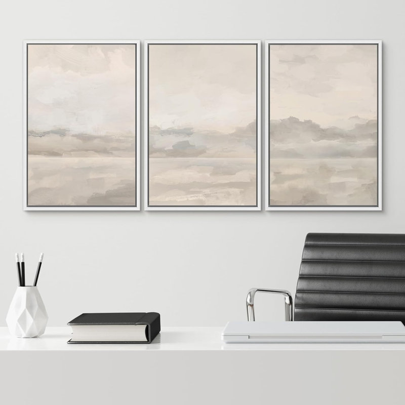 «Pastel Watercolor Cloudy Sky Grey Abstract Landscape», reproduction de tableau encadrée sur toile 3 pièces