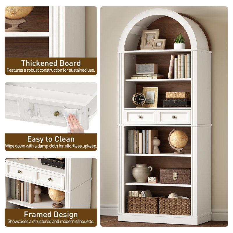 73" Arched Bookshelf  with Drawers and Open Display Shelves, 6-Tier Farmhouse Bookcase with Adjustable Shelf, White/Walnut