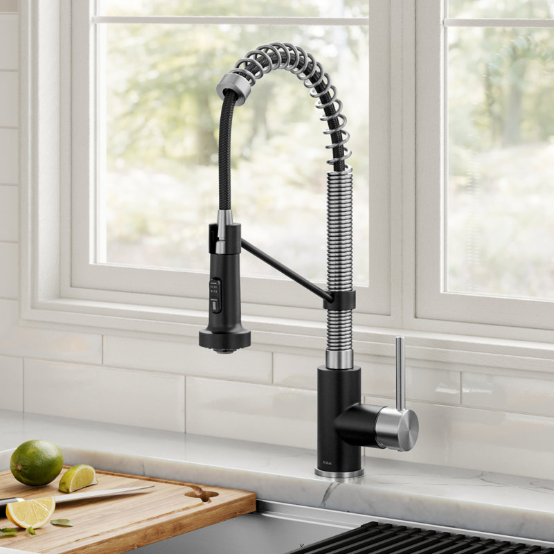 KRAUS Bolden Commercial Style 2-Function Single Handle Pull Down Kitchen Faucet, Stainless Steel/Matte Black