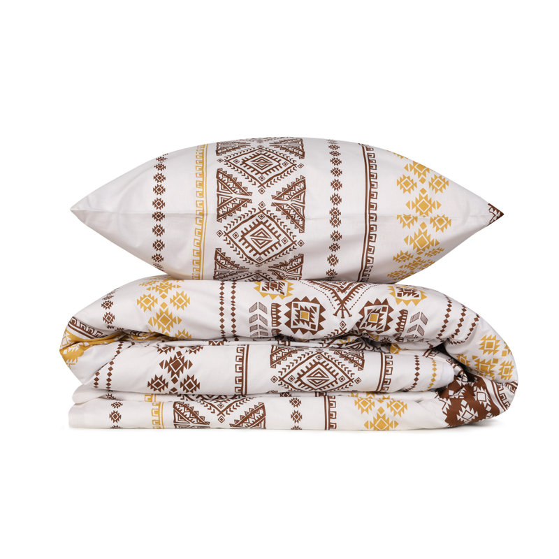 Ensemble de housse de courtepointe 100% coton Ranforce, blanc, brun et jaune, 86,6 x 86,6 po | 145 fils, impression de pigments | Lavable à la machine, fermeture à boutons et enveloppes | Literie douce et durable pour un sommeil douillet