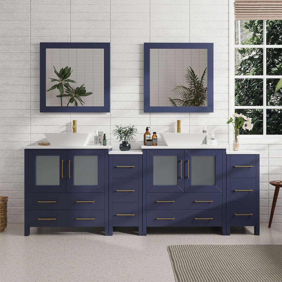 Karson 84'' Double Bathroom Vanity with Engineered Marble Top with Mirror Wade Logan® Base