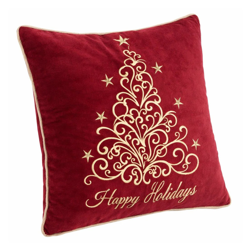 Coussin décoratif carré Aure, broderie Joyeuses fêtes, velours rouge 20 po