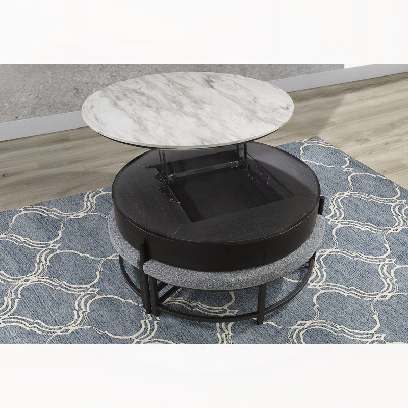 TABLE RONDE RANGÉE AVEC 3 TABOURETS INCLUS, Faux marbre / noir