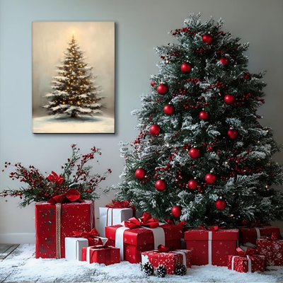 Arbre de Noël avec lumières, décoration de Noël, art mural populaire de Noël - impressions sur toile de Noël rétro - décor de Noël rustique encadré pour décorations de fêtes intérieures