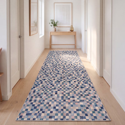 Tapis Aspen moderne à poils courts, motif mosaïque mouchetée abstraite, bleu marine, turquoise, gris, crème et rose, antidérapant, idéal pour l'intérieur et l'extérieur, adapté aux animaux domestiques, pour salon, chambre, salle à manger, entrée, couloir, bureau. Lavable.