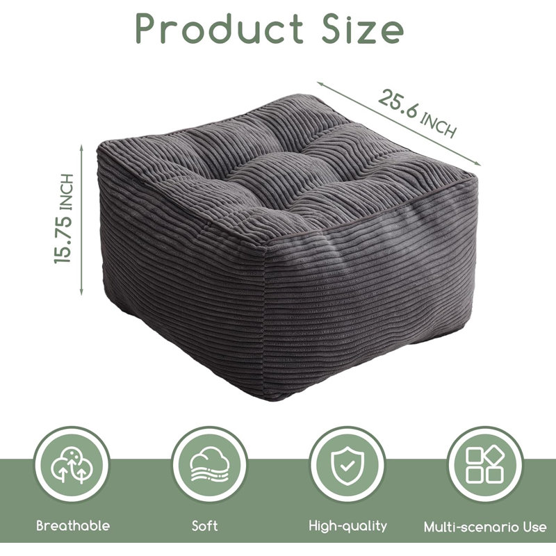Square Corduroy Pouf Ottoman, Large Floor Cushion Seat with Foam Chunk Filling, Foot Stool for Living Room, Bedroom