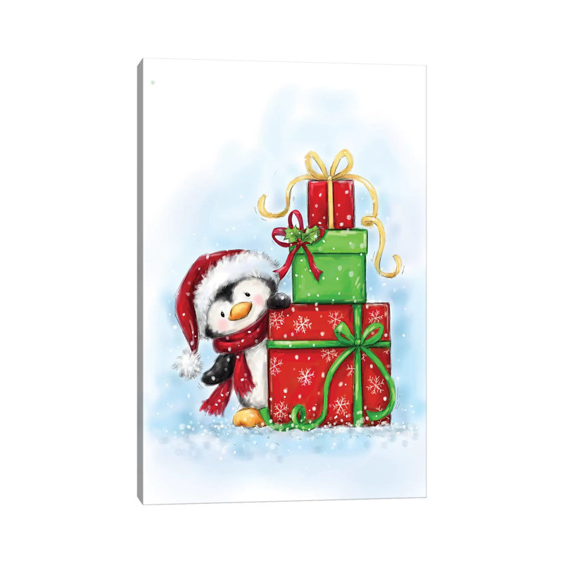 Penguin And Presents by MAKIKO - Wrapped Canvas Print, 20.32 cm H x 30.48 cm W