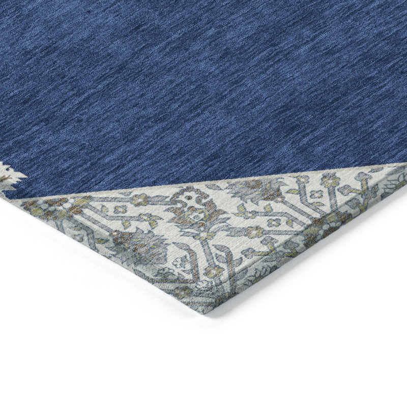 Navy and White Synthetic 5' x 7' Washable Rectangular Rug