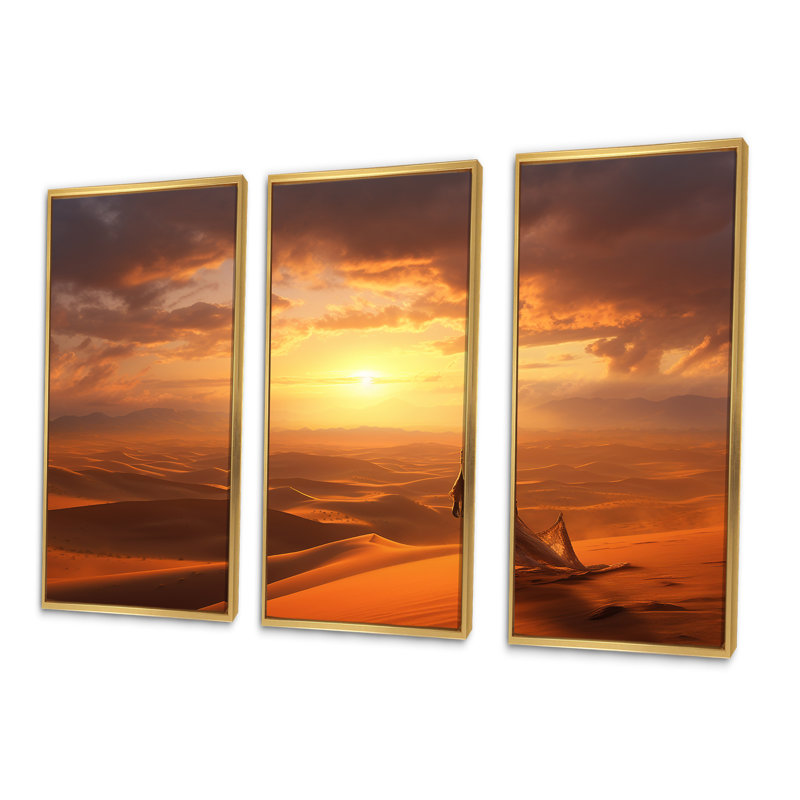 Solitiude désert coucher de soleil I - ensemble d'art mural sur toile désert, Cadre flottant doré, H 28 po x l 36 po x P 1 po