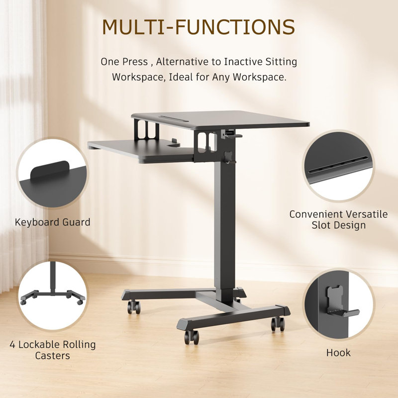 Mobile Rolling Small Table, Adjustable Height Computer Desk with Keyboard Tray, Black