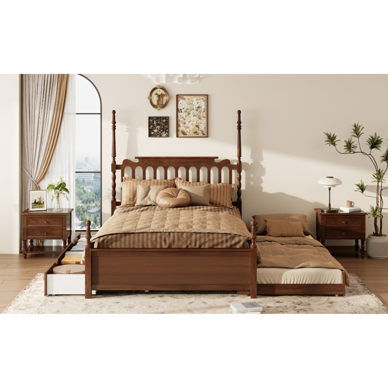 Grand lit plateforme avec lit gigogne simple TG et 2 tiroirs de rangement, lit en bois classique avec tête de lit à broche
