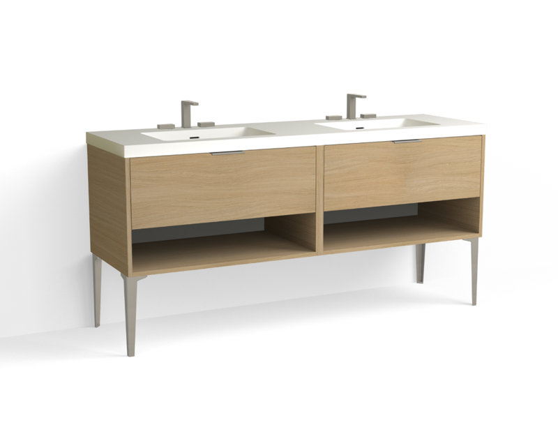 Modo 72" W Freestanding Double Bathroom Vanity with Dean Leg, Matte White/8" Widespread, Nocino, Satin Brass