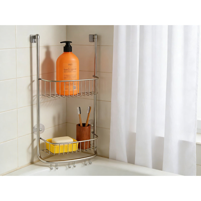 Serviteur de douche au-dessus de la porte avec paniers et crochets de rangement, installation sans outil pour l'organisation du shampooing, du revitalisant et des serviettes dans la salle de bain