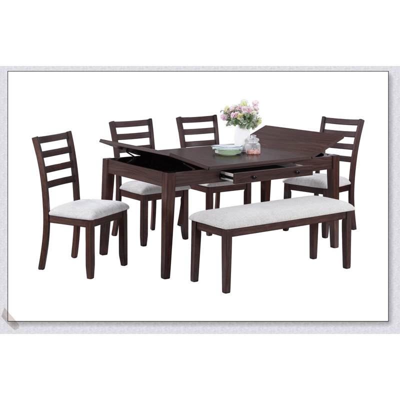 Ensemble de salle à manger 6 pièces de style contemporain avec table en noyer, rangement, chaises à dossier en échelle et banc pour les maisons modernes