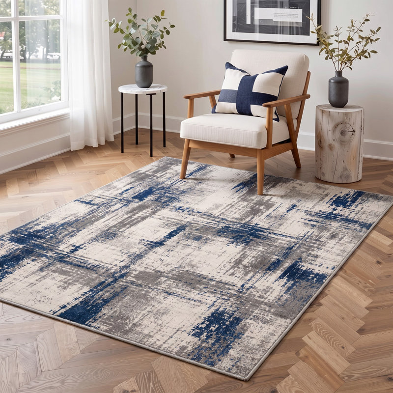 Tapis ivoire / bleu marine lavable à la machine avec envers antidérapant, Rectangle 5 pi x 7 pi