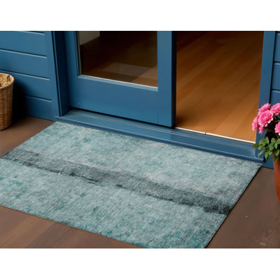 Tapis d'extérieur lavable abstrait bleu sarcelle 3 pi x 5 pi bleu turquoise et gris anthracite