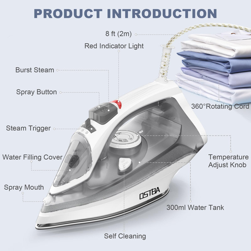 OSTBA 1600W Steam Iron for Clothes with Rapid Heating Nonstick Soleplate, Precise Thermostat Dial, Self-Cleaning, Anti-limescale, Drip Stop Function, 300ml Water Tank Clothes Iron