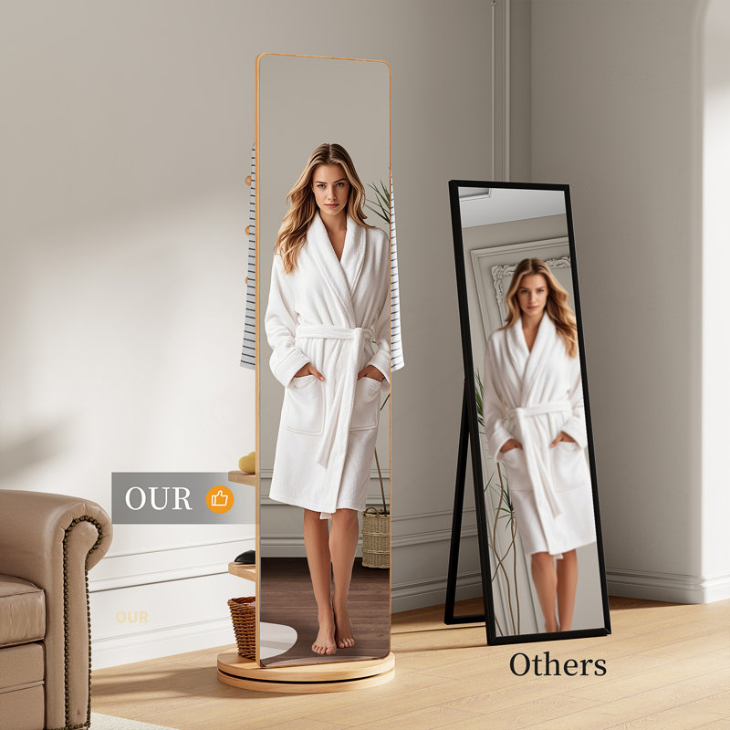 Miroir pleine grandeur pivotant à 360 ° de 69 x 20 pouces avec support de rangement à crochets, en bois massif, peu encombrant, multifonctionnel pour les chambres à coucher et les salons