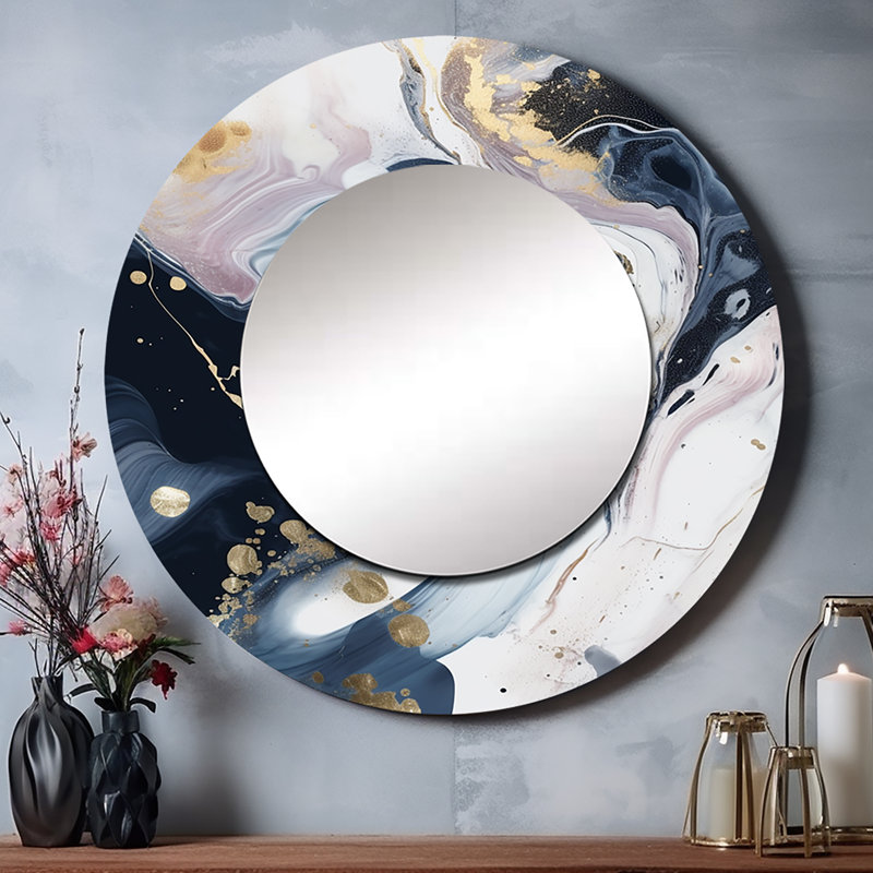 Pierre énigmatique Quintyn bleu et blanc III - grand miroir en marbre, décor de miroir mural rond bleu unique, impression d'art en métal