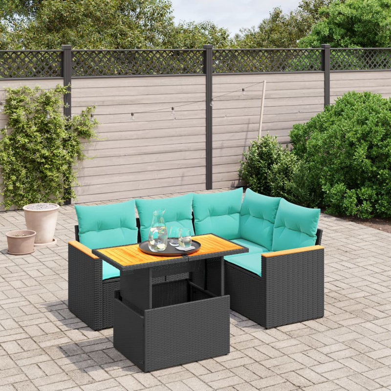  Ensemble de canapé de patio 5 pièces avec coussins en rotin de polyester, Noir, Vert
