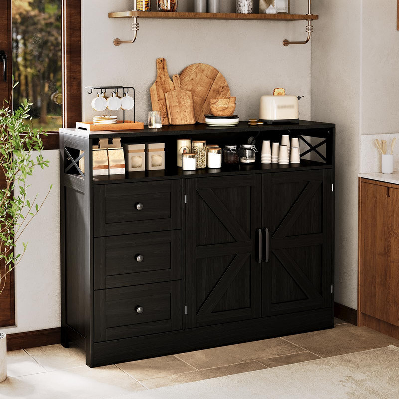 47" Buffet Sideboard Coffee Bar Storage Cabinet with Open Shelf, 2 Doors ,3 Drawers and Built-in Charging Station,Black