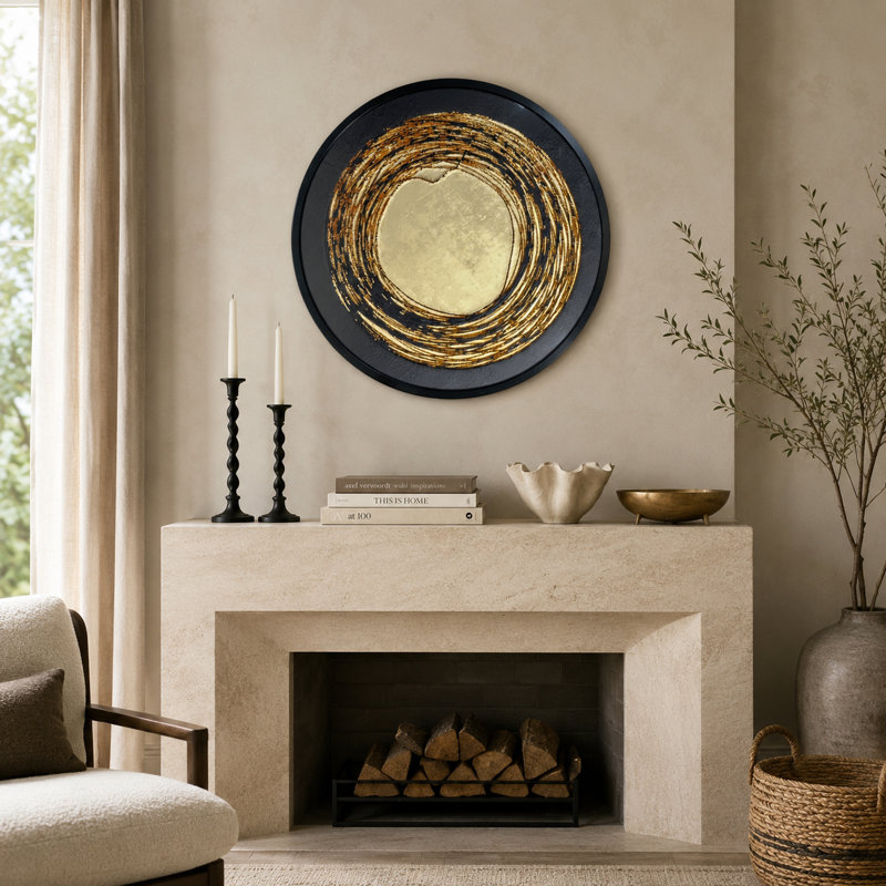 Art mural rond moderne abstrait encadré rond noir doré, H 15,7 po x l 15,7 po