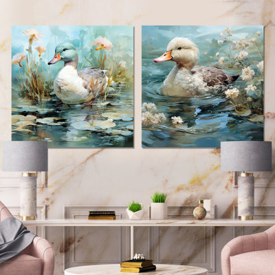 Emerald Duck Floral Pond Reflections I - ensemble de 2 reproductions d'art mural canard