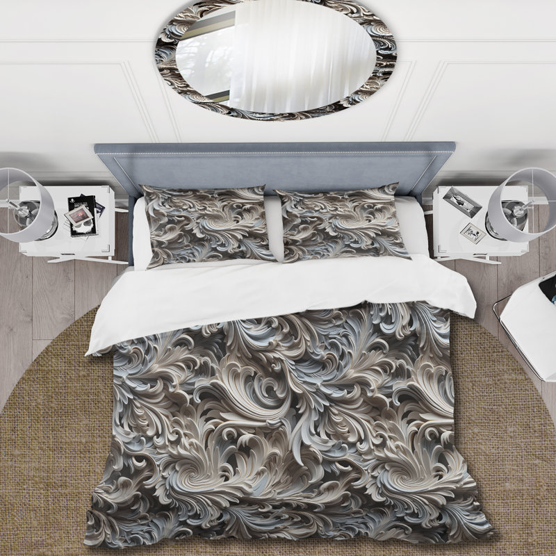 Beige And Silver Sphinx Paisley Pattern Floral Duvet Cover, King Duvet Cover + 2 King Shams