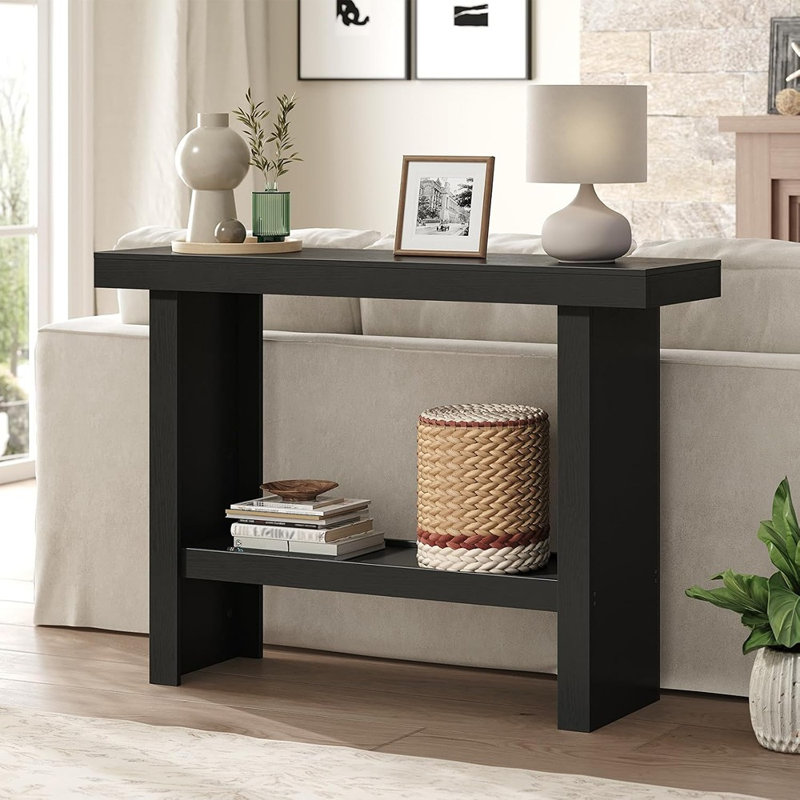 Console moderne avec rangement, table d'entrée rectangulaire, table de couloir ou de hall d'entrée, noire