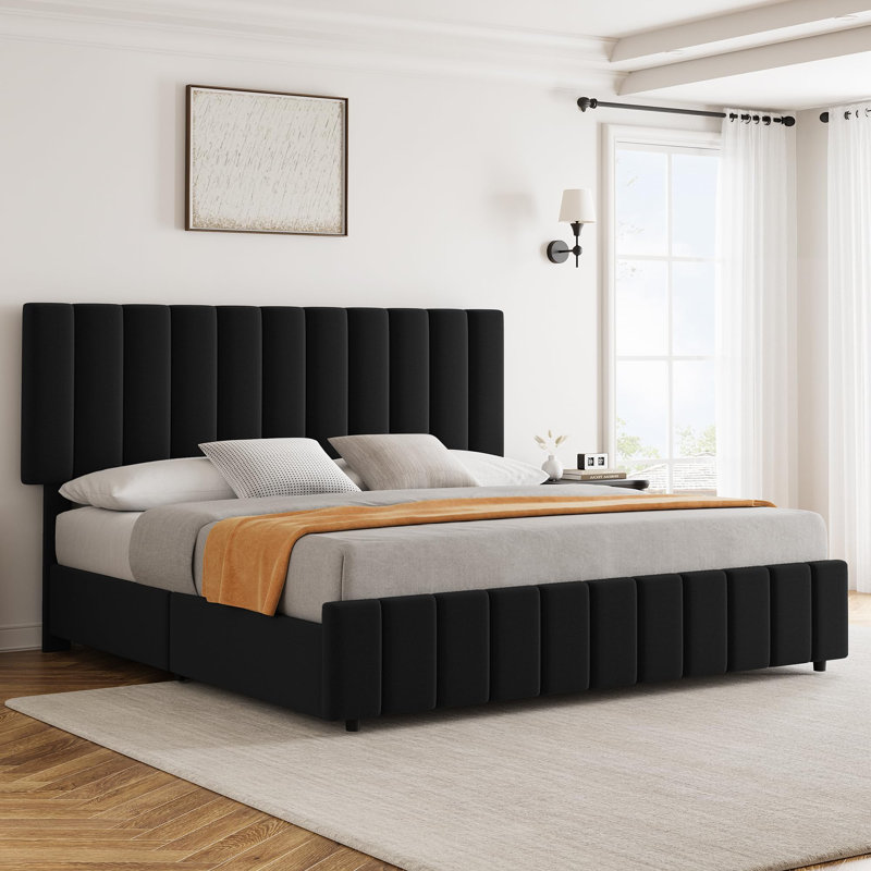 Bed Frame With 4 Storage Drawers And Adjustable Headboard, Upholstered Platform Bed Frame, Full, Black