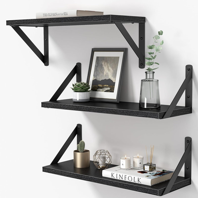 Floating Shelves Set Of 3,  Wall Mounted Shelves For Bathroom Bedroom Kitchen, Rustic Wood Hanging Shelves With Heavy Duty Brackets, Space Saving Storage Solution