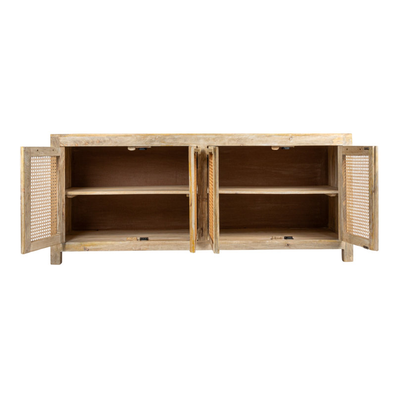 Buffet en bois de manguier et canne avec 4 portes et tablette intérieure, Naturel