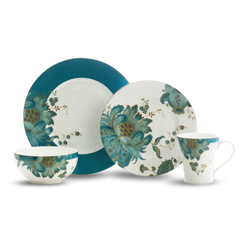 Eliza Teal and White Porcelain 16-Piece Dinnerware Set