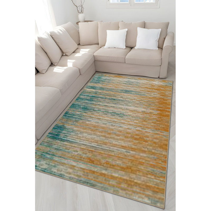 Tapis décoratif à rayures bleu moderne lavable à la machine, Sous-tapis rectangulaire 4 pi 7 po x 6 pi 7 po inc