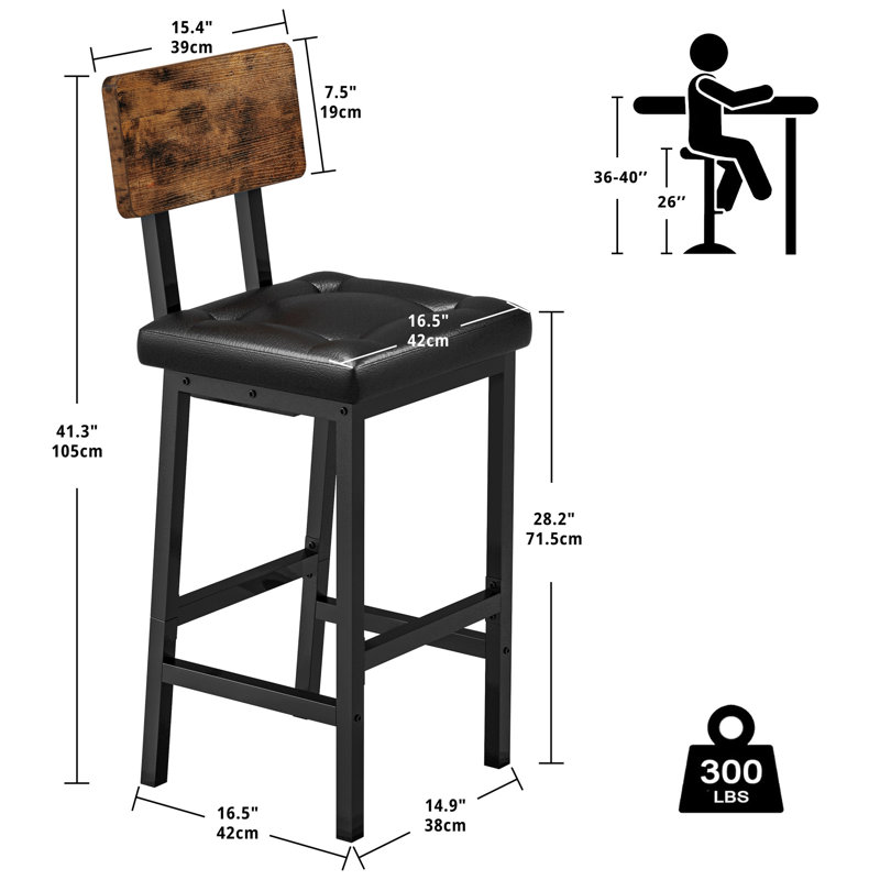 17 Stories Bar Stools with Backrest, 16.5'' Square Pu Upholstered Barstools for Kitchen Island, 2, Black