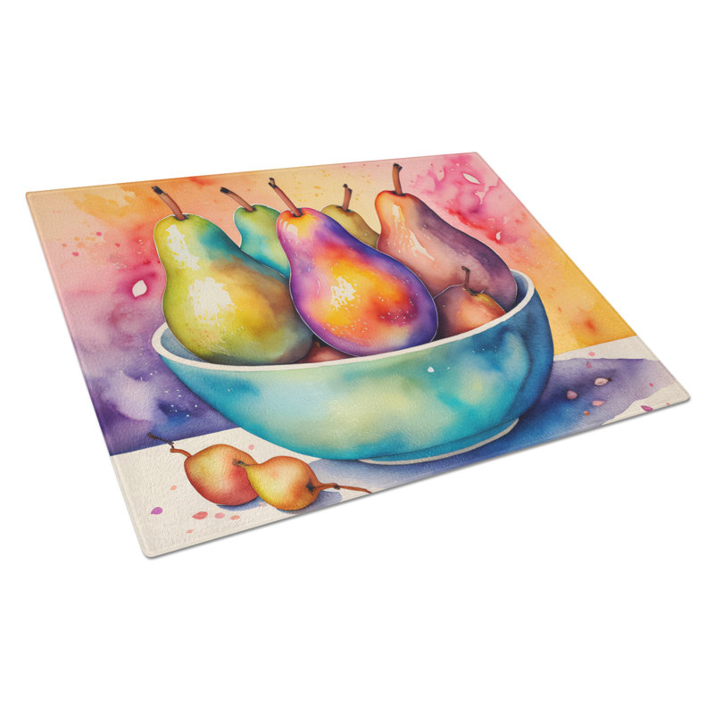 Grande planche à découper en verre avec poires colorées