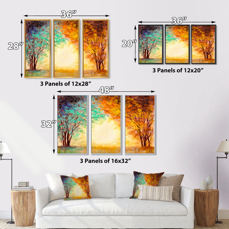 «Alley Through The Park In Autumn Sunset», reproduction sur toile flottante 3 pièces, H 28 po x l 36 po x P 1 po, Cadre noir