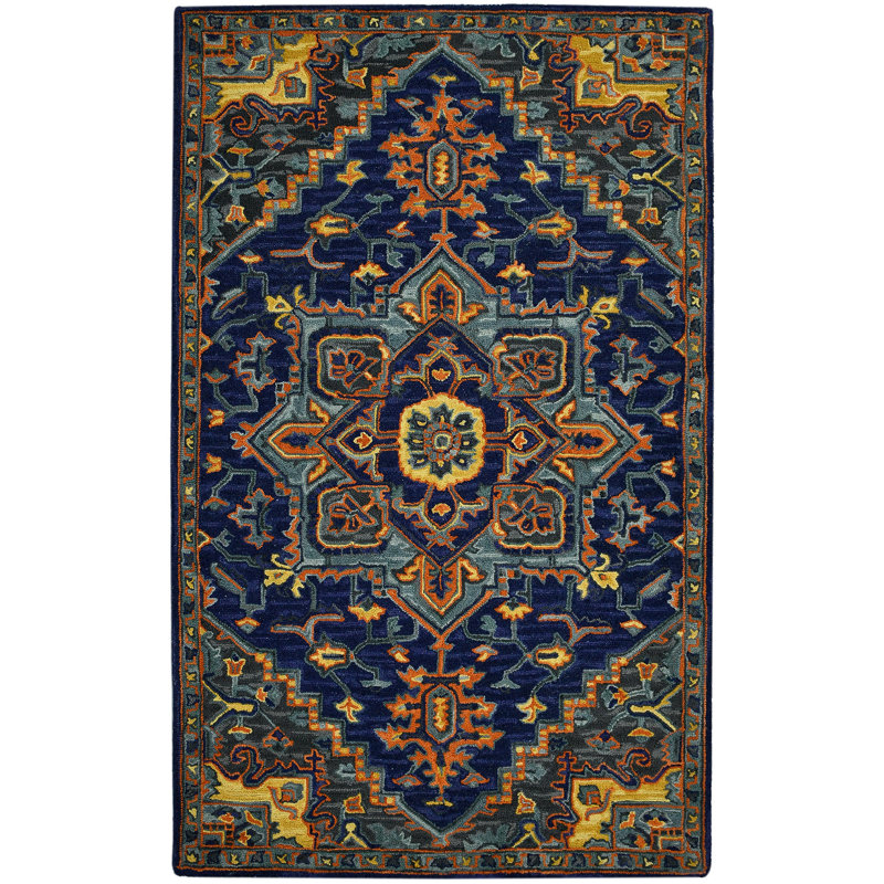 Tapis bleu sarcelle et rouge en laine 2 pi x 3 pi touffeté à la main