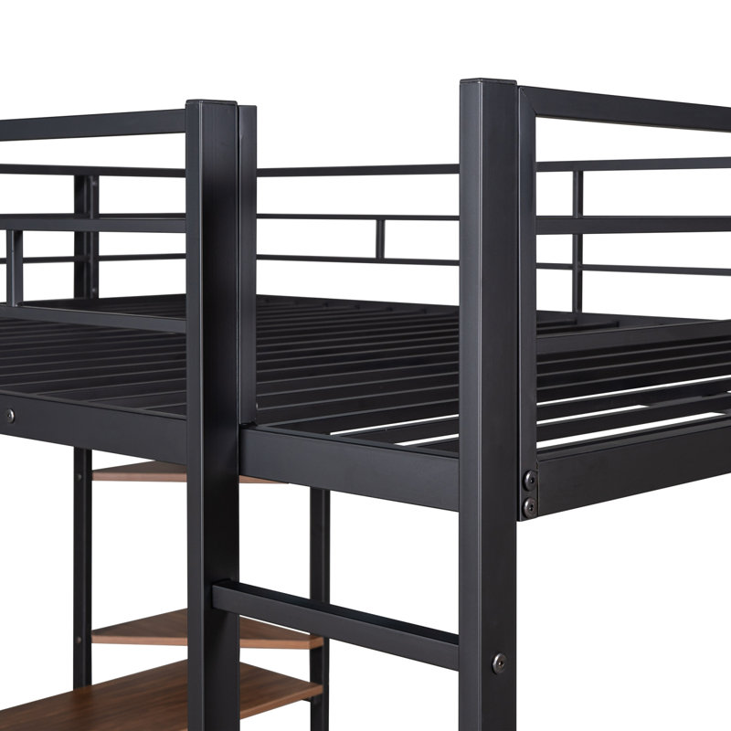 Lit mezzanine double en métal avec 2 tablettes et 1 bureau, noir (Ancien SKU: LP000191AAB)