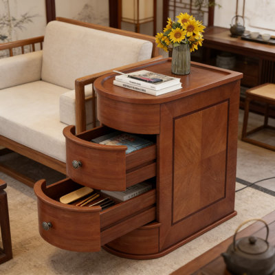Table de bout en bois avec station de charge, table d'appoint vintage mince et table de chevet avec 2 tiroirs, rangement compact pour le salon, la chambre à coucher et les petits espaces, aucun assemblage requis