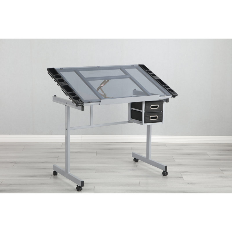 Table de dessinateur d'artisanat, 2 tiroirs en tissu, 4 roues avec freins, plateau réglable de 0 à 70 degrés, surface en verre transparent, cadre en acier thermolaqué, rebord à crayons extensible de 24 po, gris argenté,