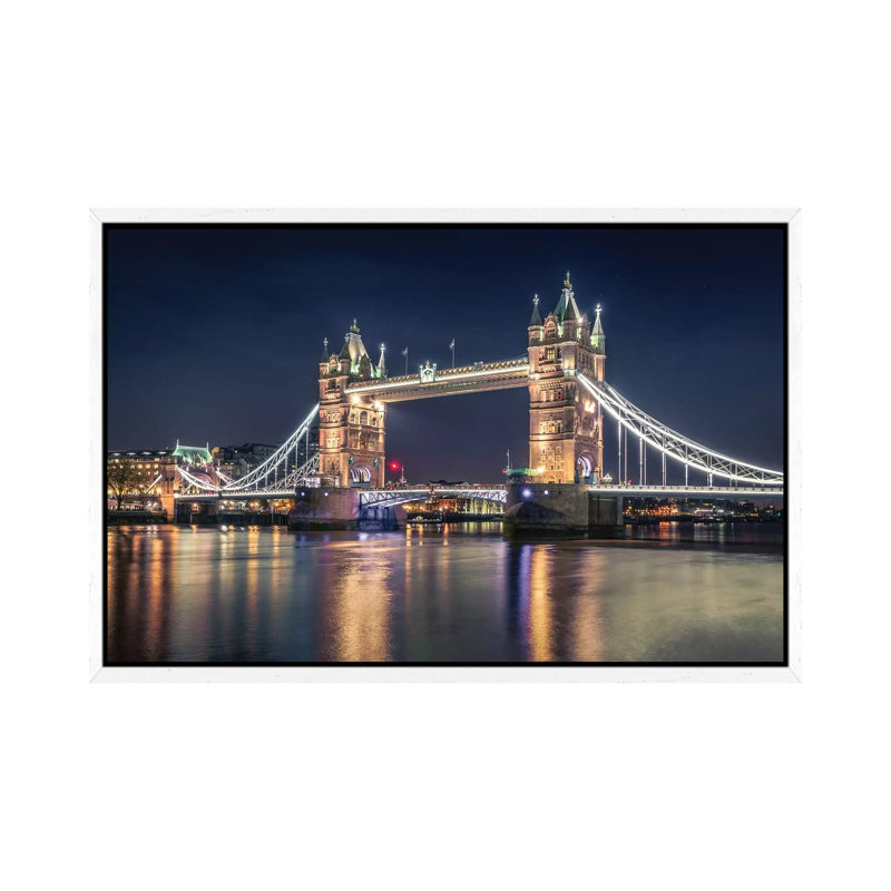 Night At The Tower Bridge by Nader El Assy - Print on Canvas, 66.04cm H x 101.6cm W x 3.81cm D, White Framed