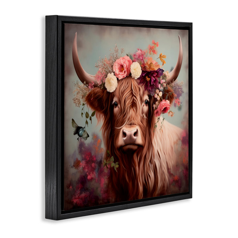«Longhorn & Flower Garland», art mural encadré par Irena Orlov, H 25 po x l 25 po, Cadre flottant noir de jais