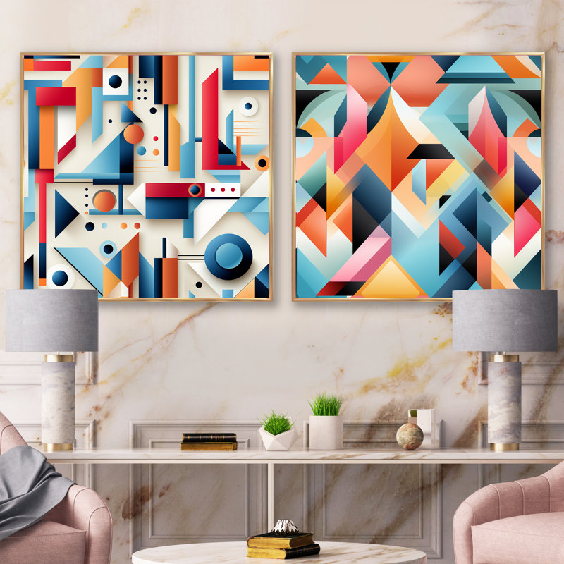 Eclectic Geometric Diversity III - ensemble de 2 collages carrés à formes abstraites, H 16 po x l 33 po, Cadre flottant doré